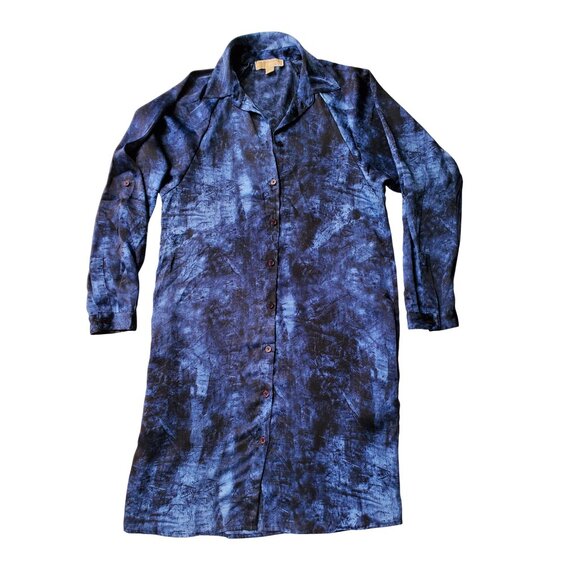 MICHAEL KORS Denim Blue Tie Dye Print Shirtdress Tabbed Sleeves Blue & Black S - Picture 6 of 15